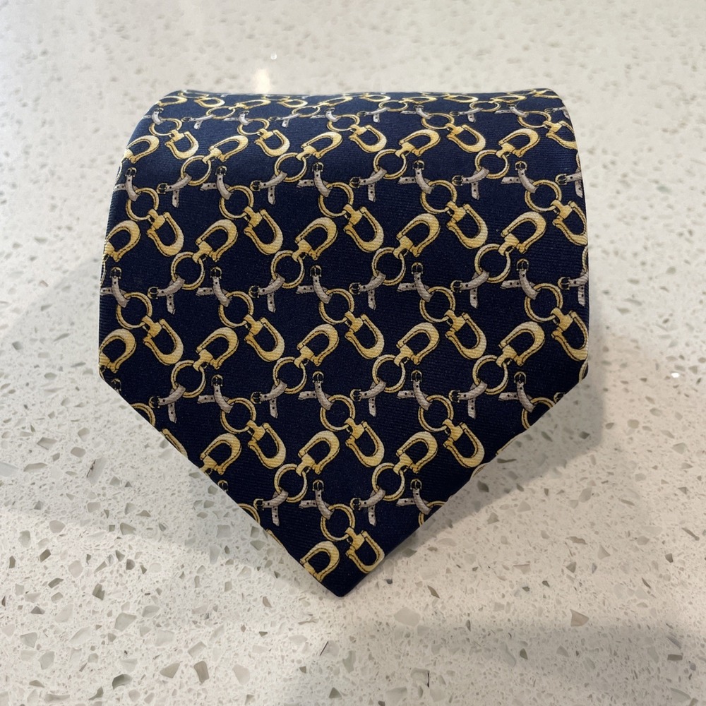 Vintage Burberrys Men's Yellow & Blue Horse Bit 100% Silk Luxury Tie